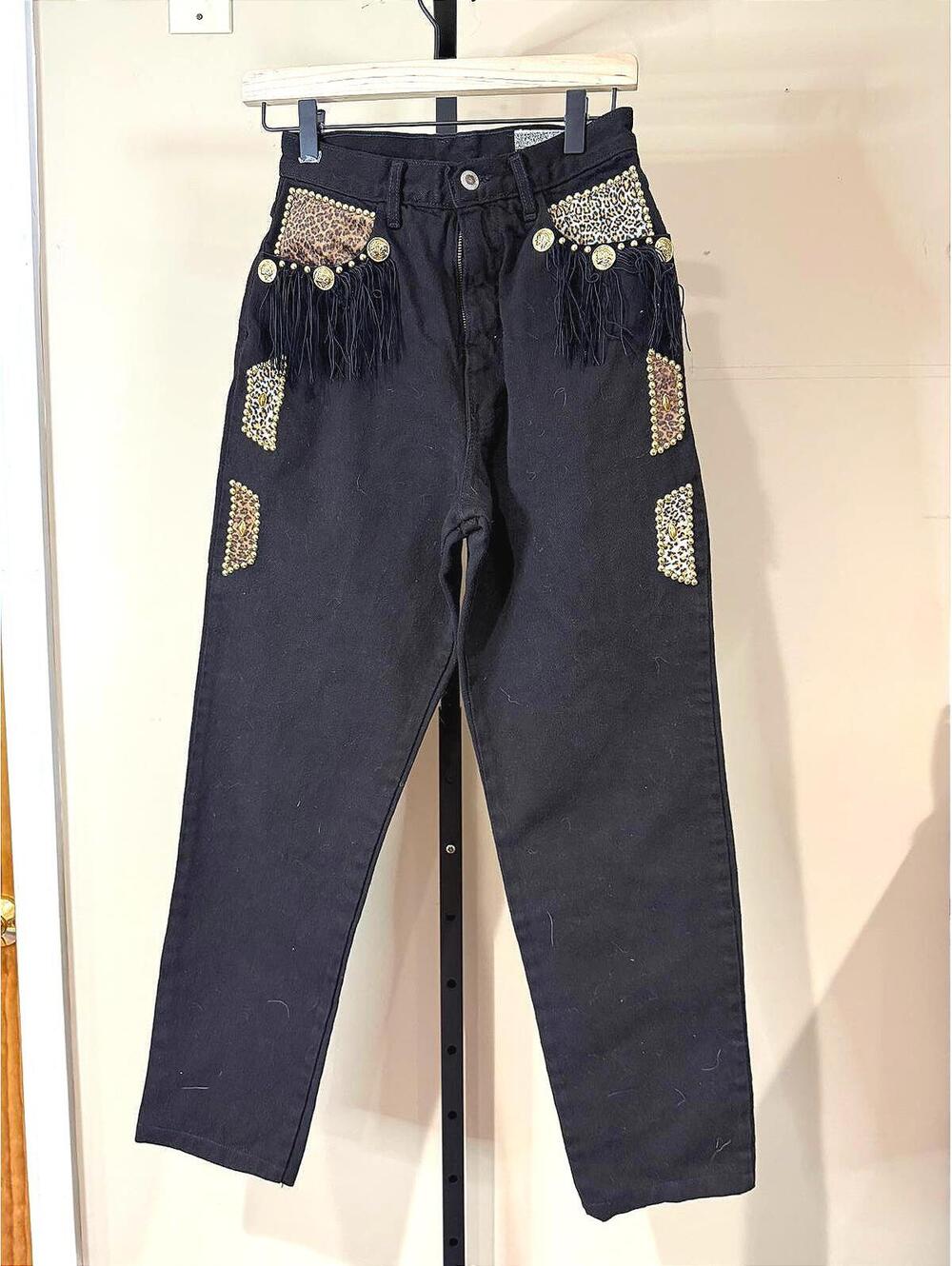Robin Berry 80s Black Embellished High-Waisted Pants 6 with Fringe Stud Details